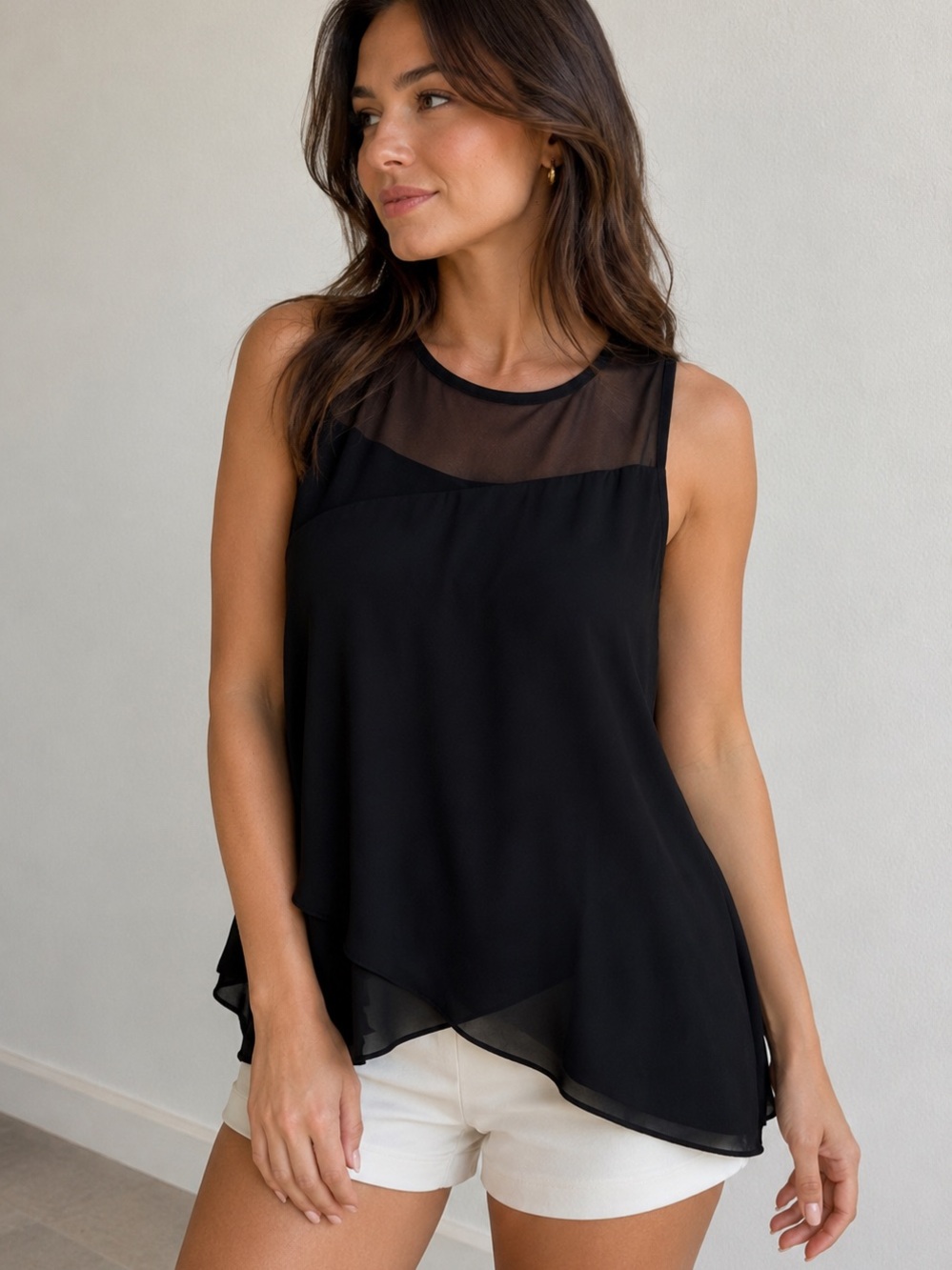 BCX Black Layered Chiffon Sleeveless Blouse L Asymmetric Hem Minimalist Work Top